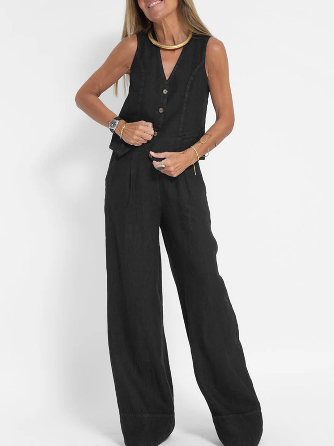 Ava™ | Buttoned Vest and Wide Pants