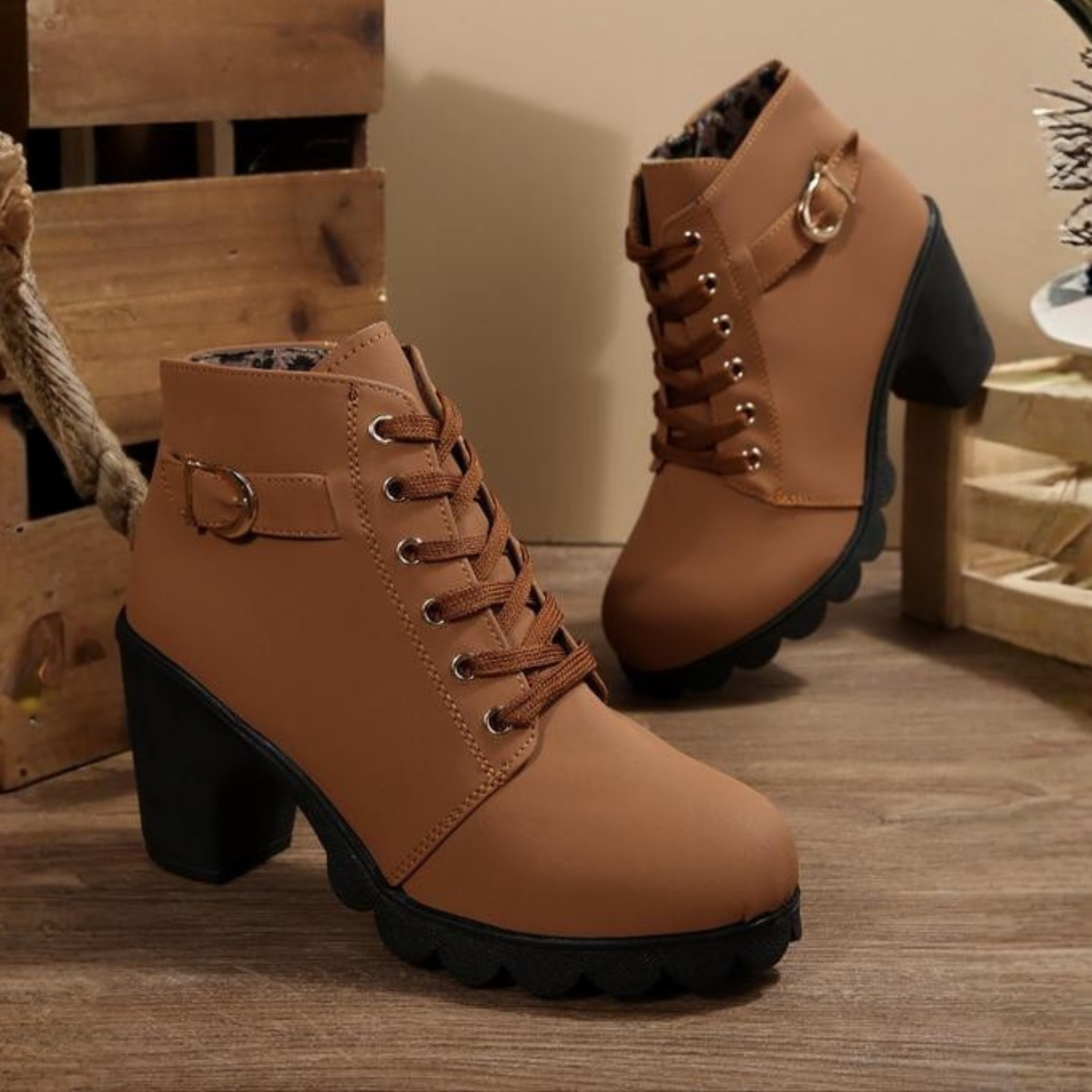 Ava™ - Chic Lace-Up Metal Buckle Chunky Ankle Boots