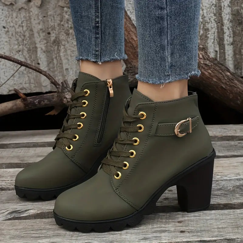 Ava™ - Chic Lace-Up Metal Buckle Chunky Ankle Boots