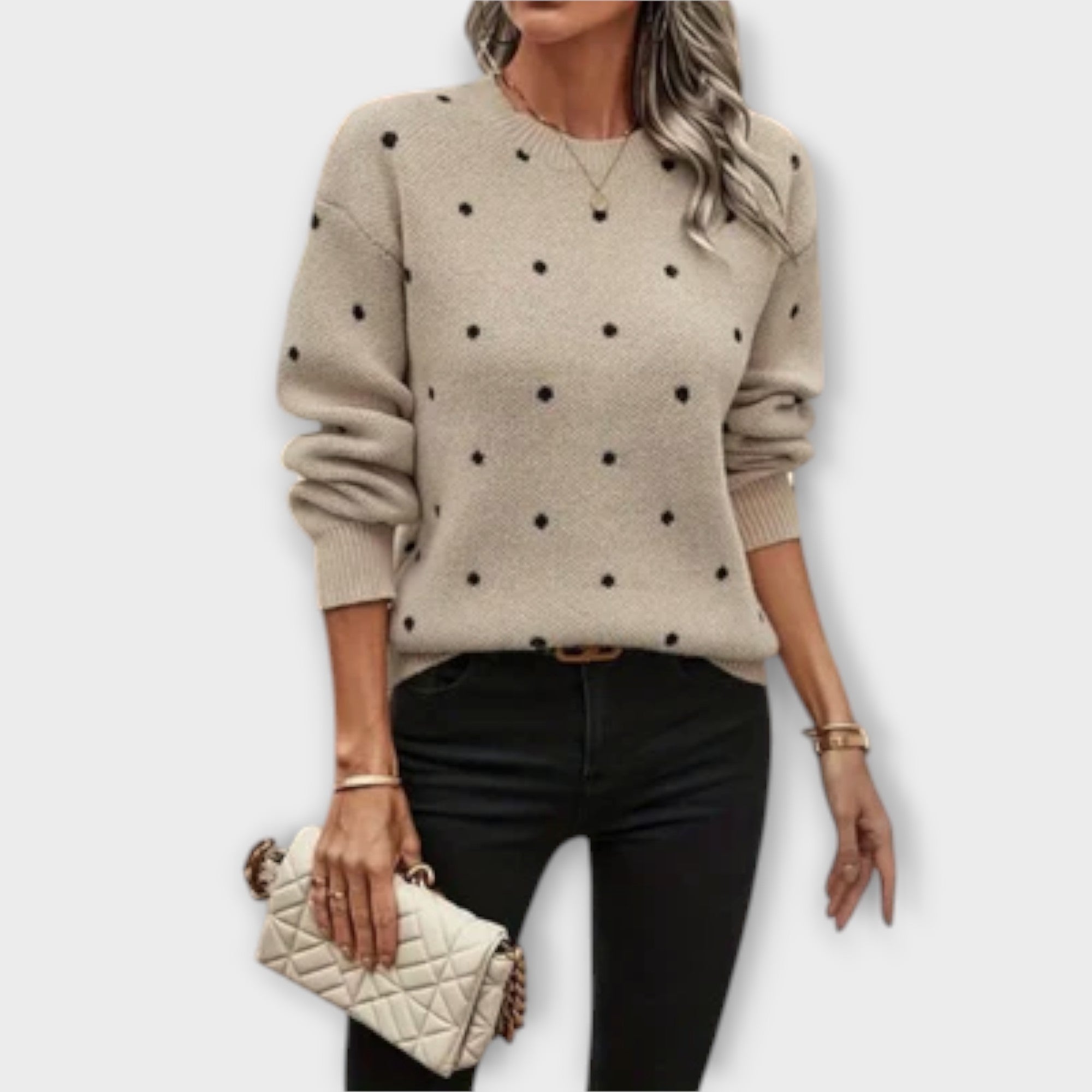 Ava™ – Casual Long Sleeve Knit Sweater with Polka Dot Pattern