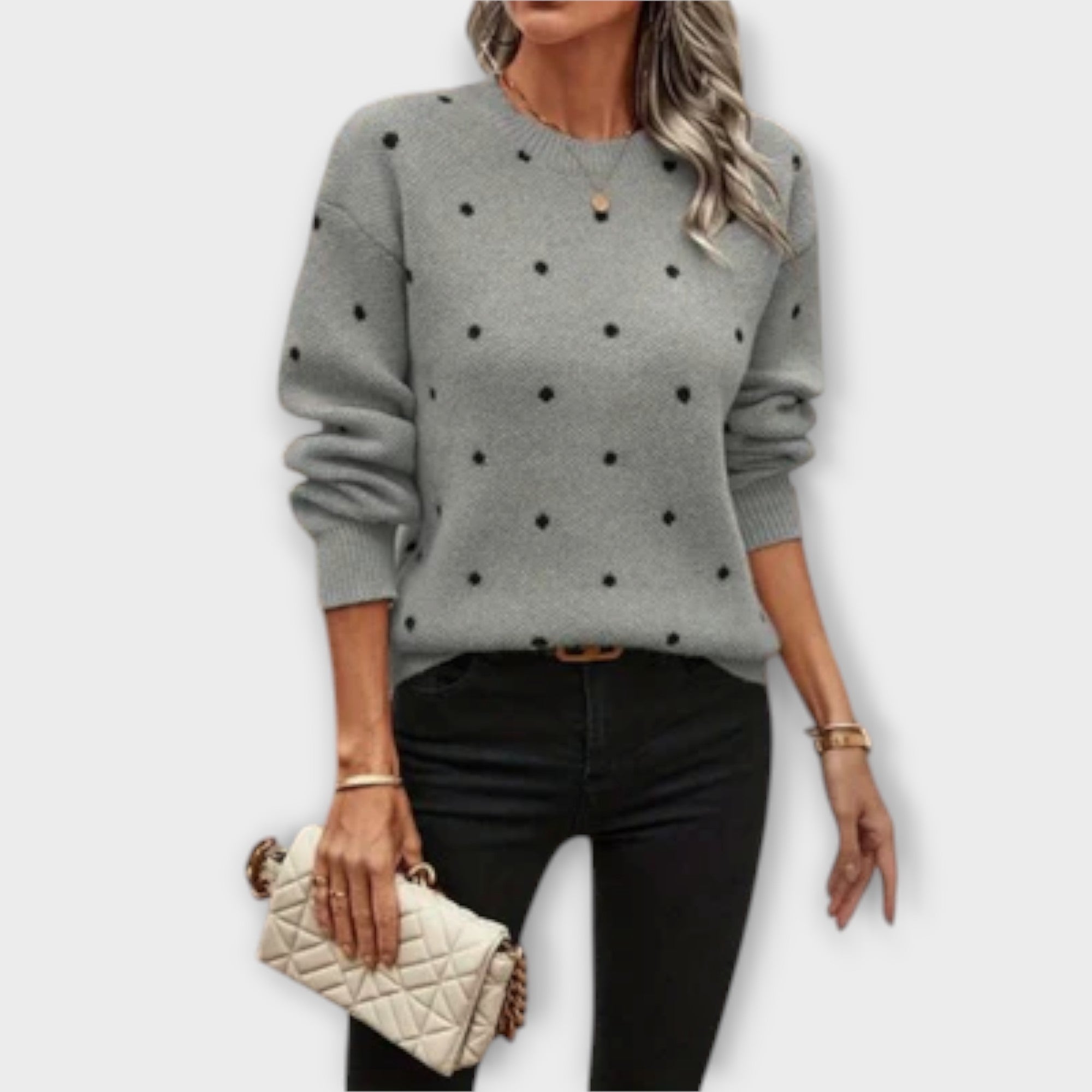 Ava™ – Casual Long Sleeve Knit Sweater with Polka Dot Pattern