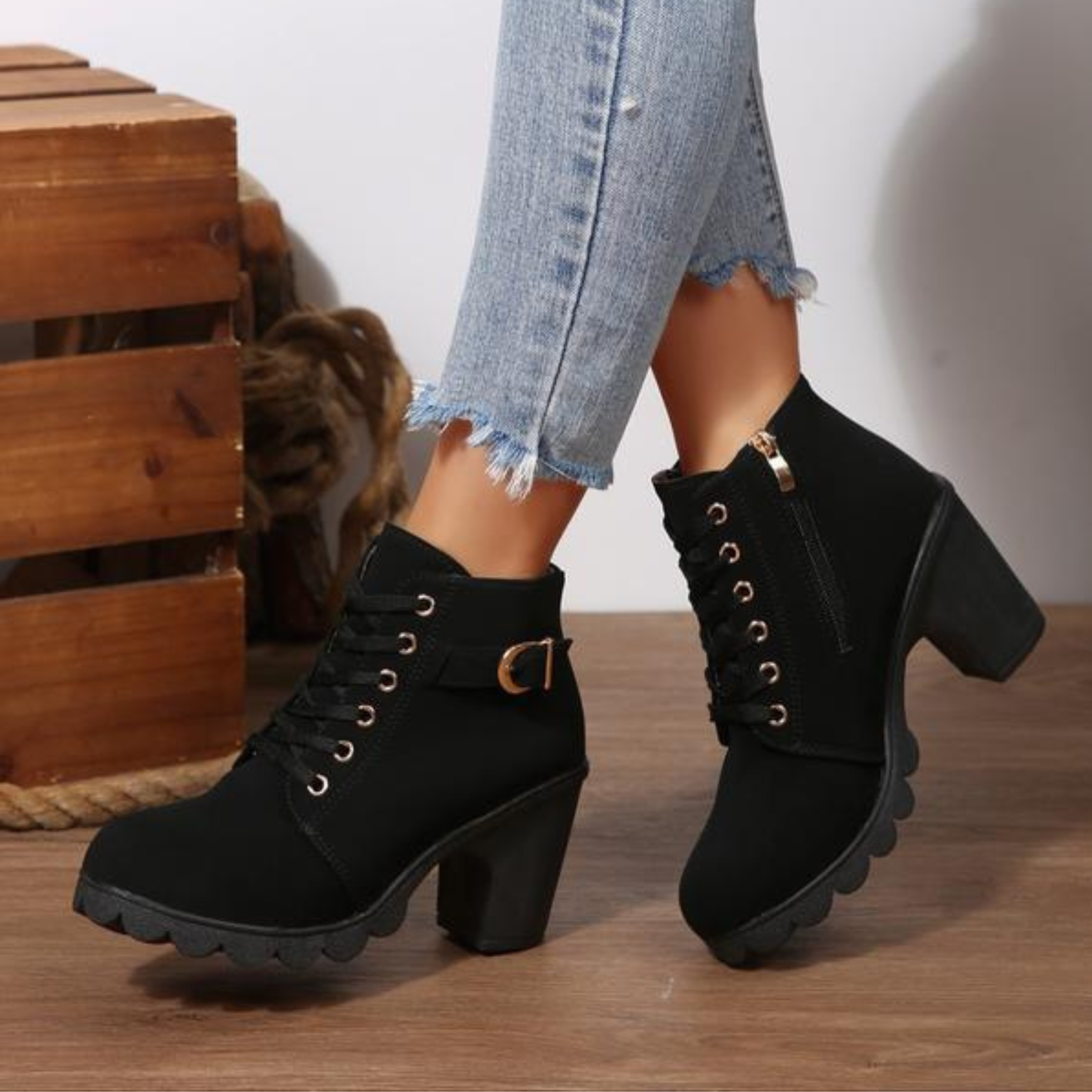 Ava™ - Chic Lace-Up Metal Buckle Chunky Ankle Boots