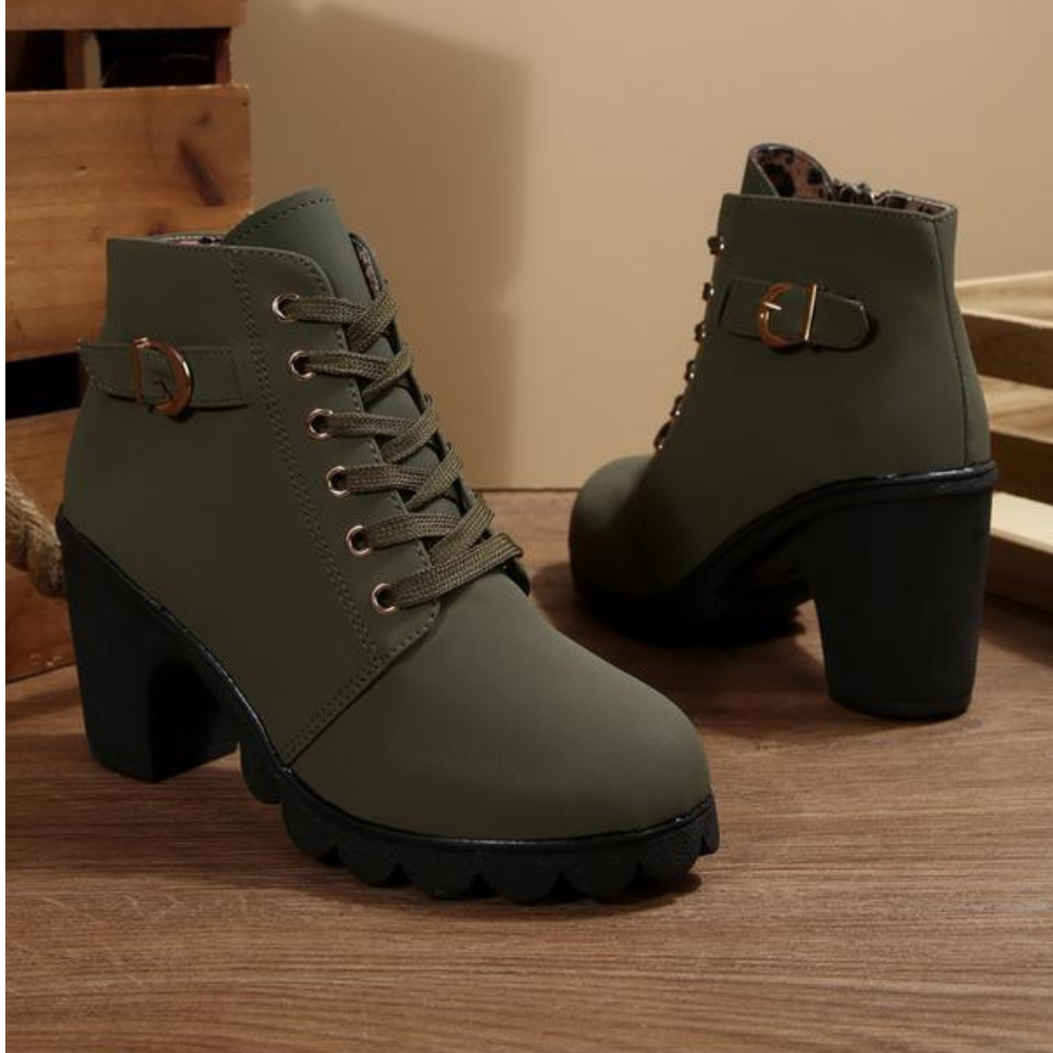 Ava™ - Chic Lace-Up Metal Buckle Chunky Ankle Boots