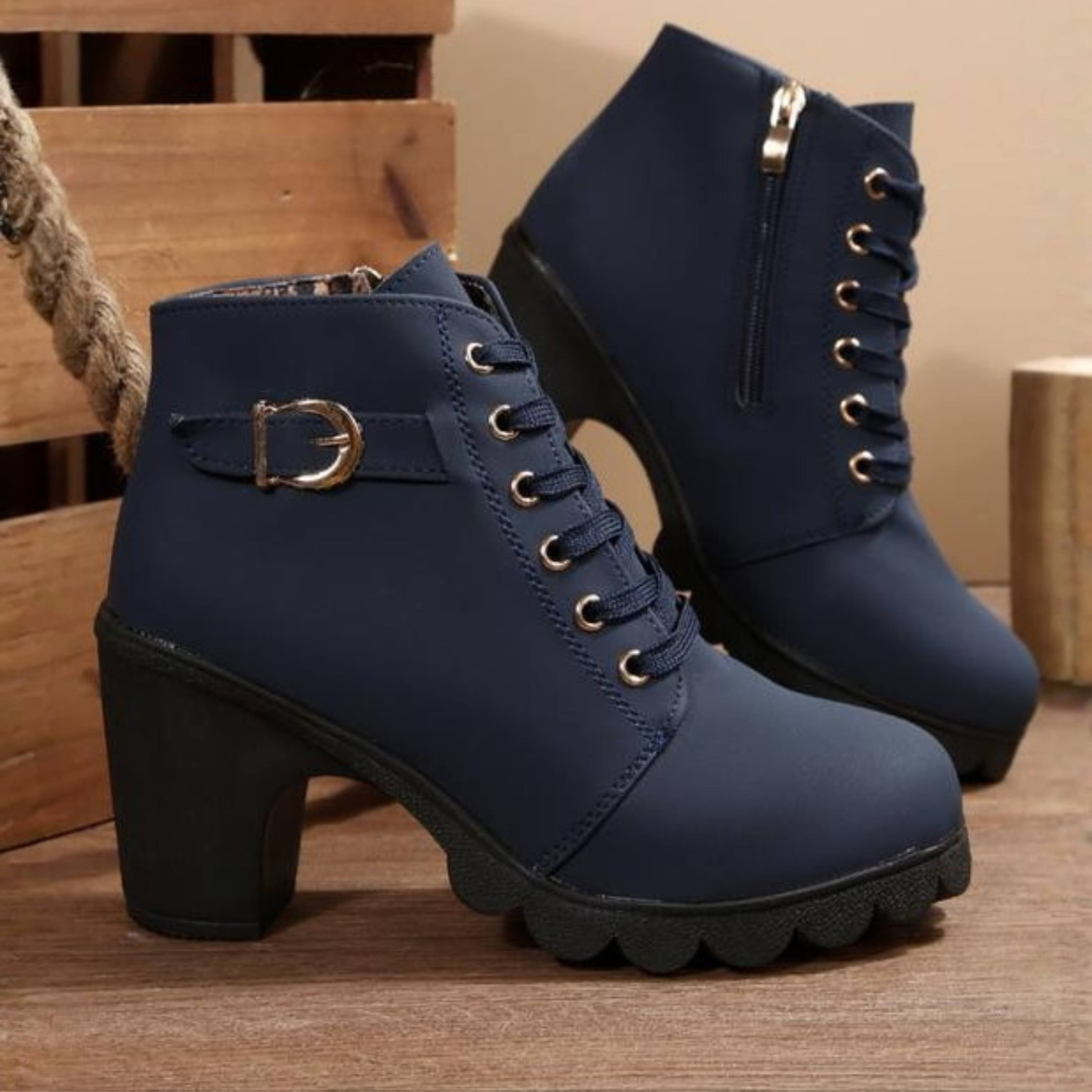 Ava™ - Chic Lace-Up Metal Buckle Chunky Ankle Boots