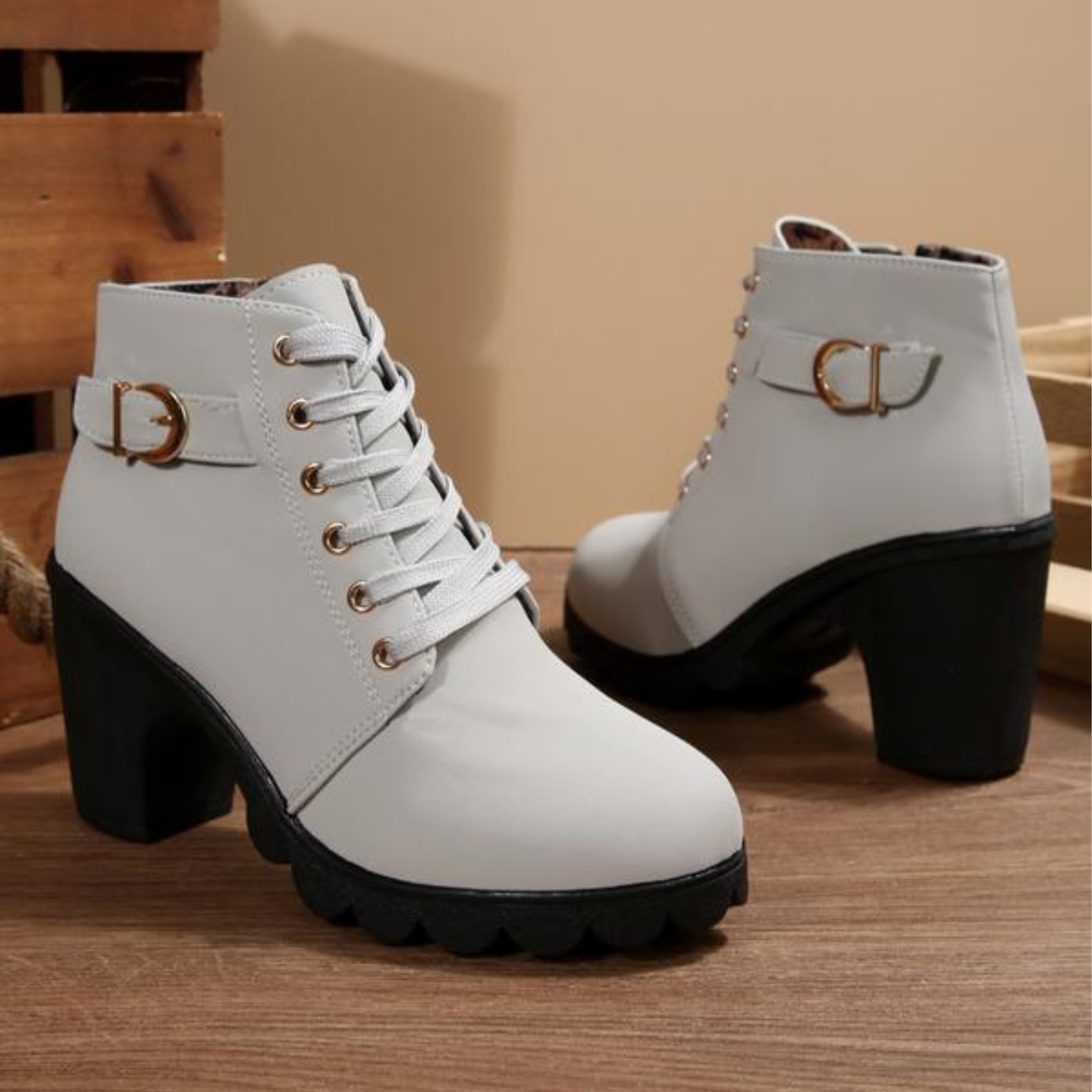 Ava™ - Chic Lace-Up Metal Buckle Chunky Ankle Boots